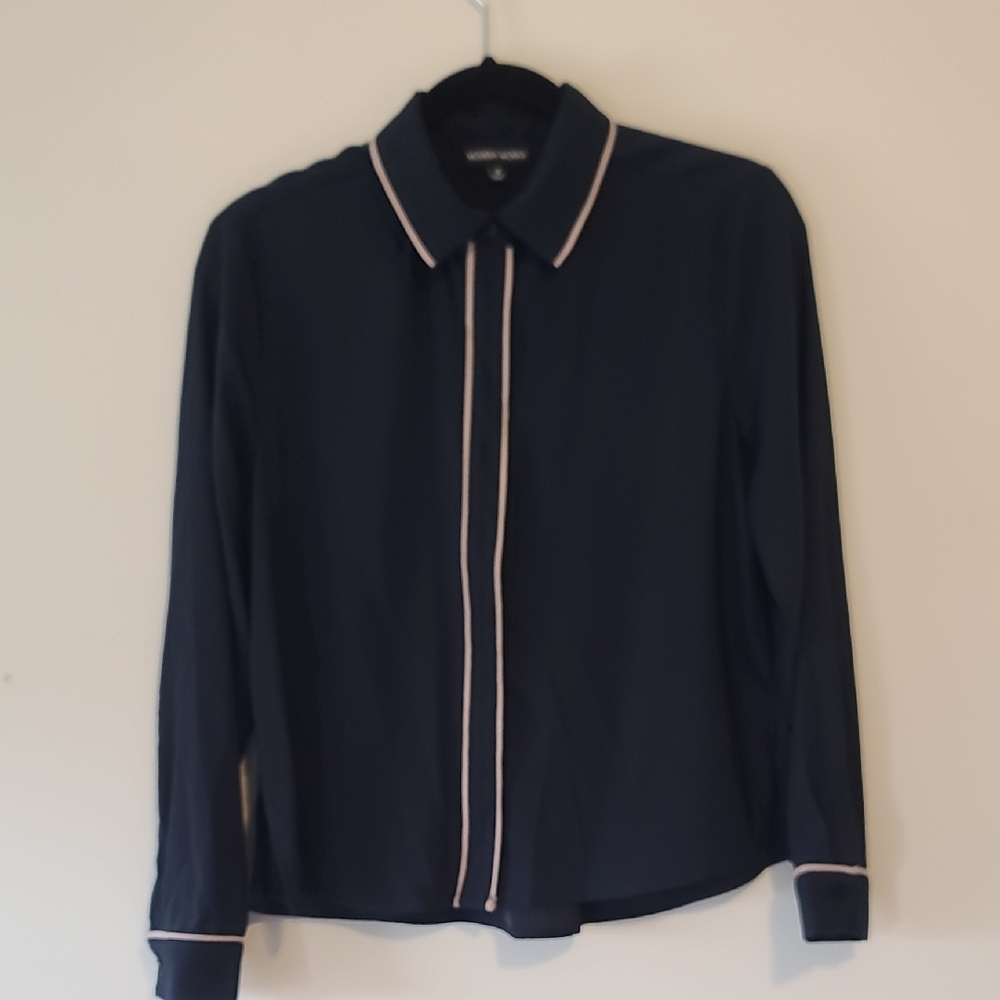 Navy Long Sleeve Blouse with Creme Trim